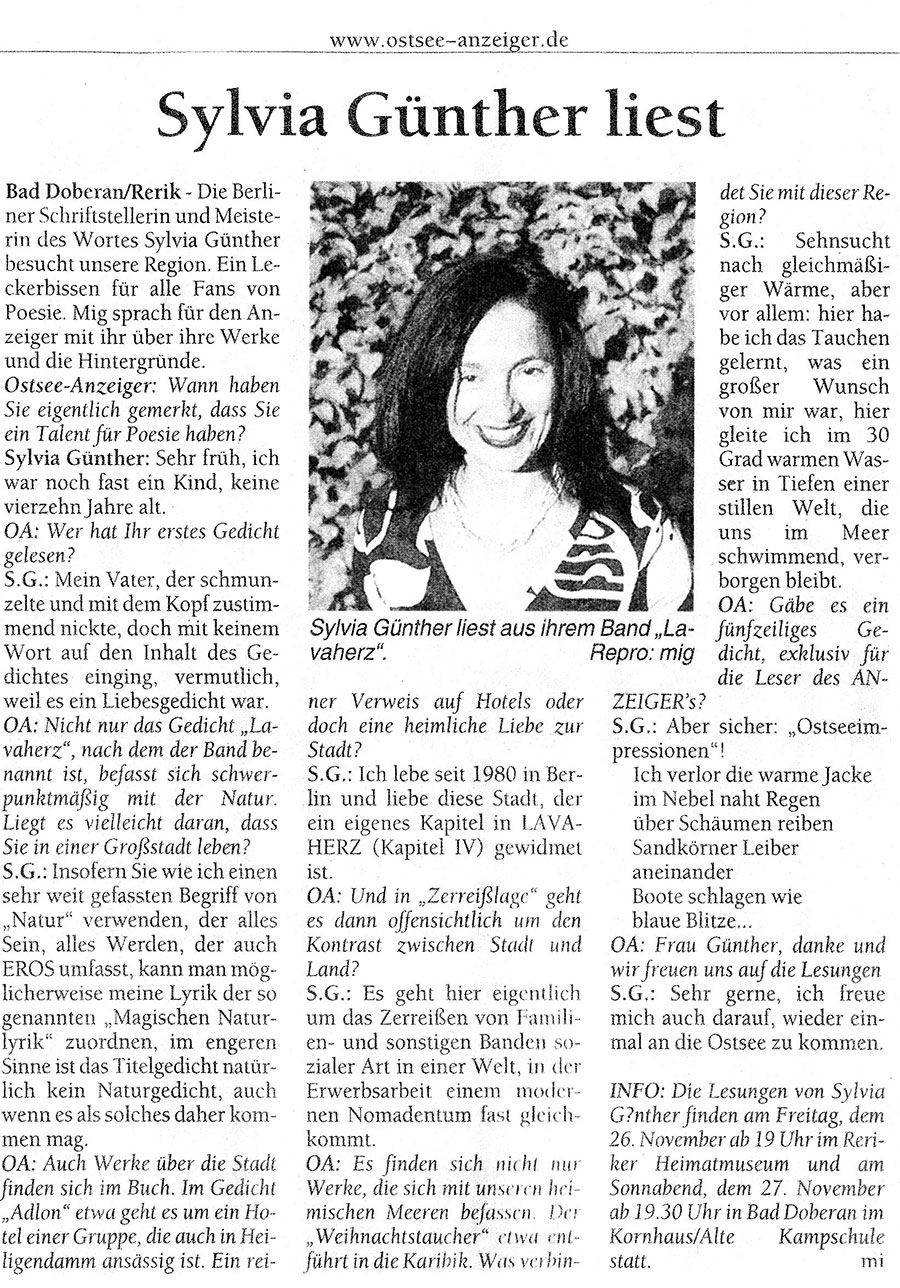 Lesungen in Rerik und Bad Doberan, Ostseezeitung, November 2010  | Sylvia Günther